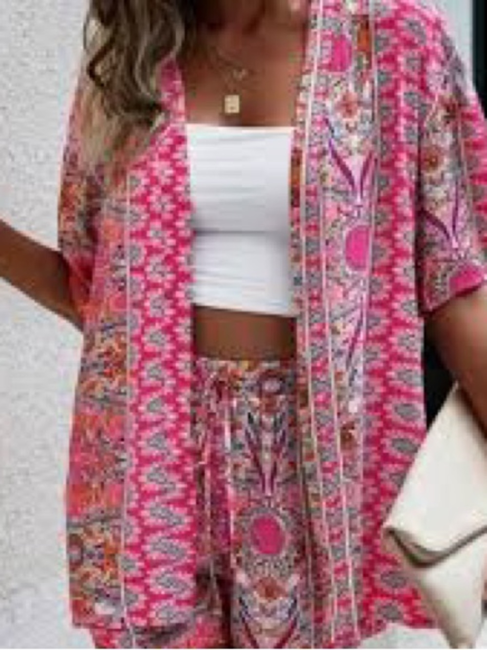 Pink Boho Printed Kimono Jacket and Shorts Set